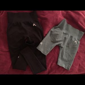 Black leggings and green shorts